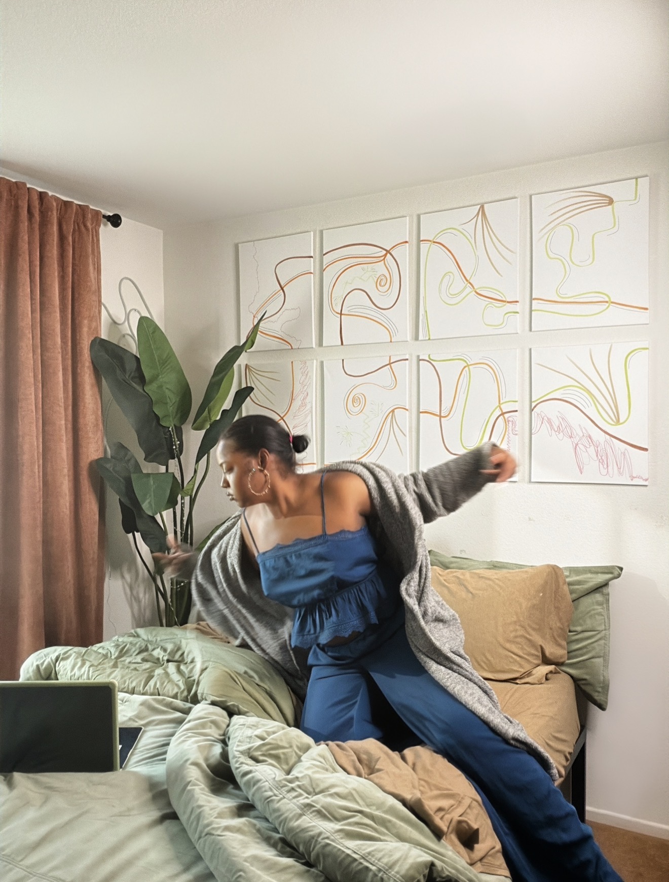 earth tone bedroom, sage green comforter, terracotta curtains, LA bedroom edit