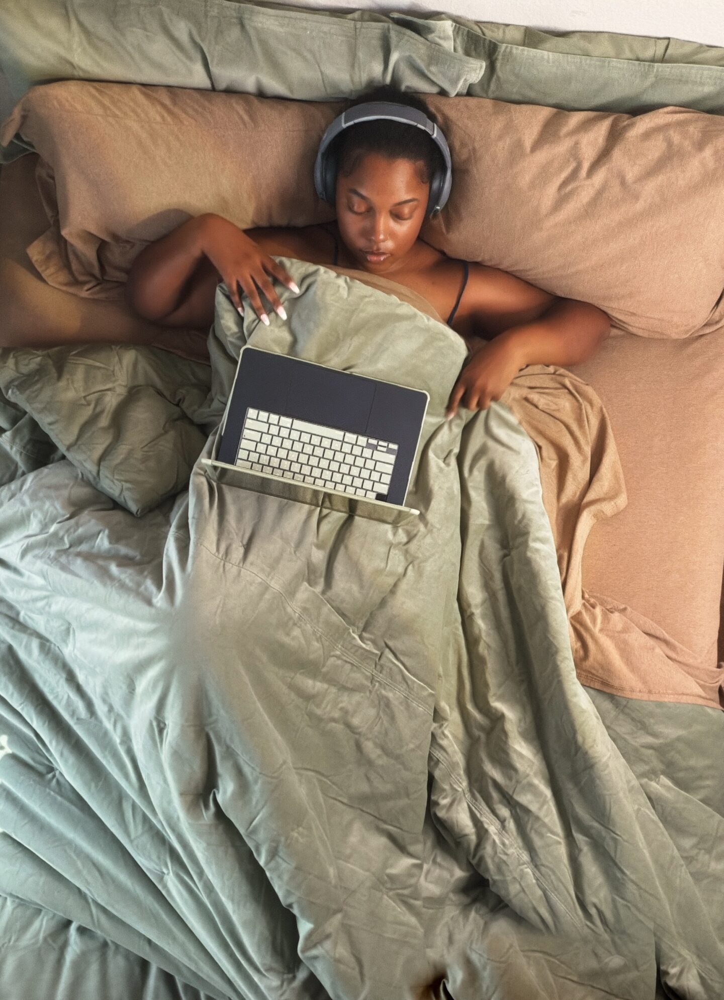 earth tone bedroom, sage green comforter, terracotta curtains, LA bedroom edit