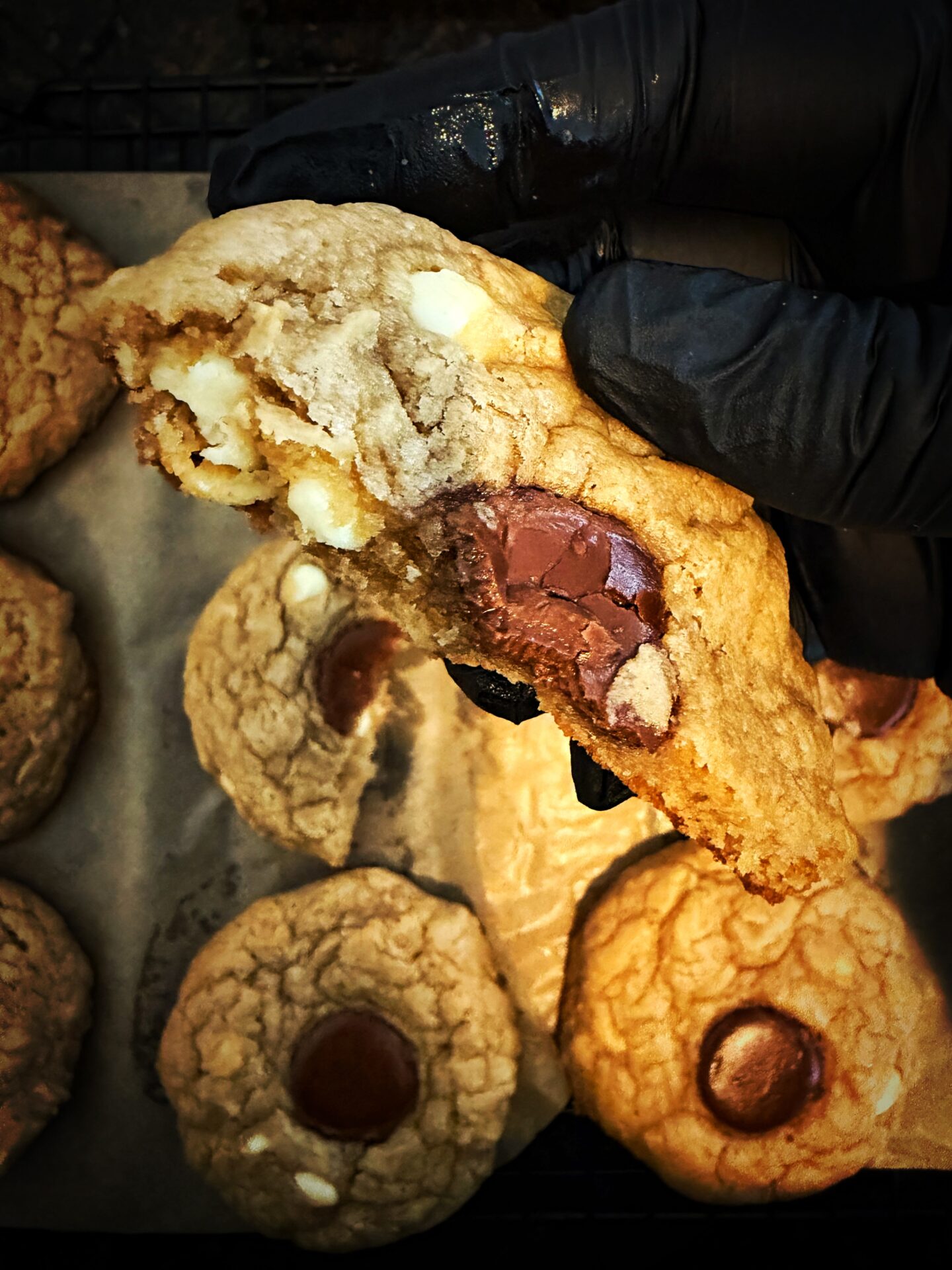 gooey white chocolate chip cookie milk chococloate topping