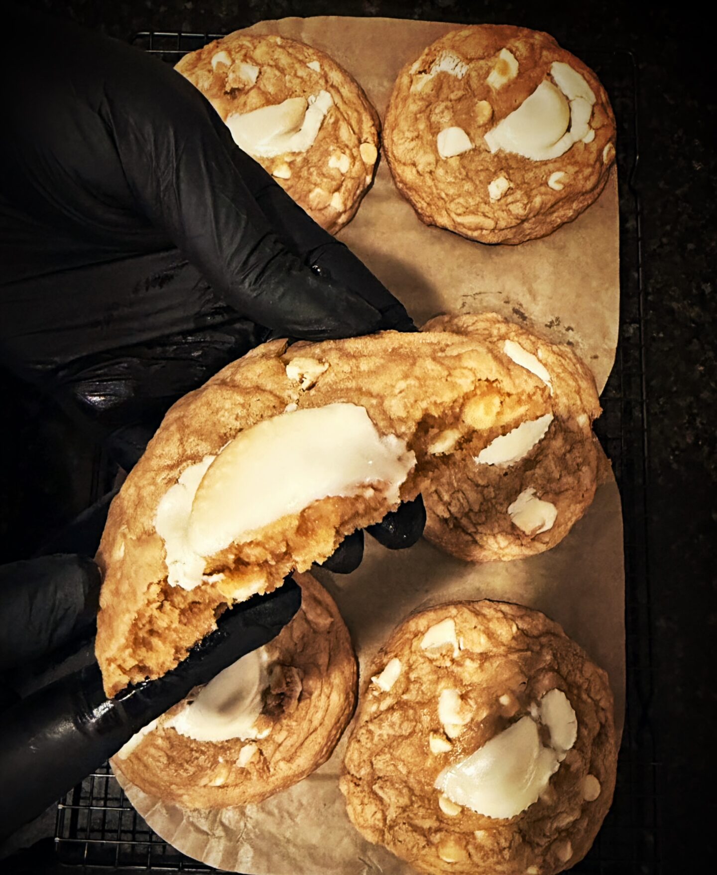 gooey white chocolate chip cookie reeces cup topping